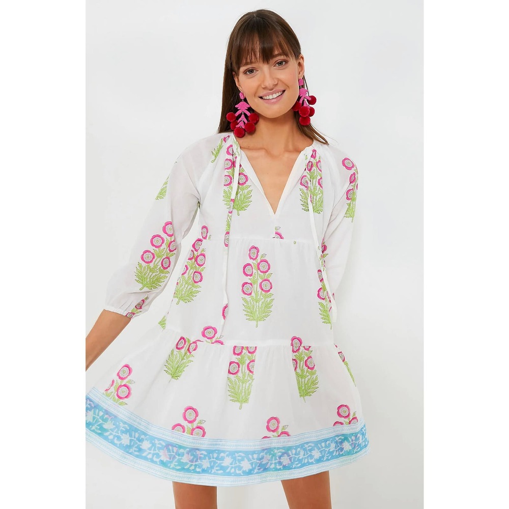 Tuckernuck White Mini Dress with Pink & Green Floral Embroidery and Blue Border